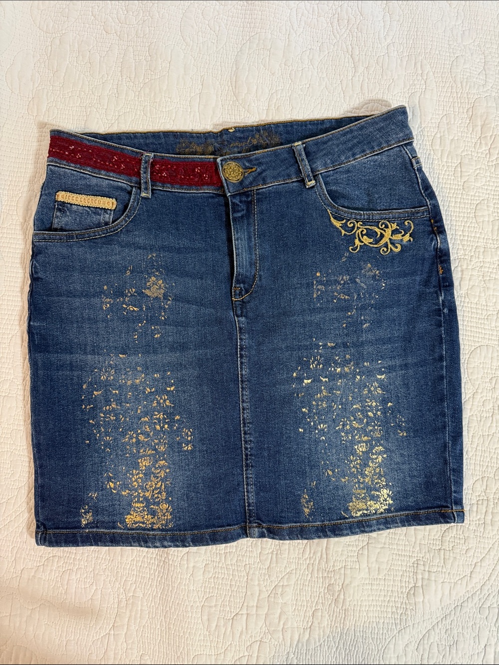 Desigual Denim Skirt with Gold Foil Accents - Blue